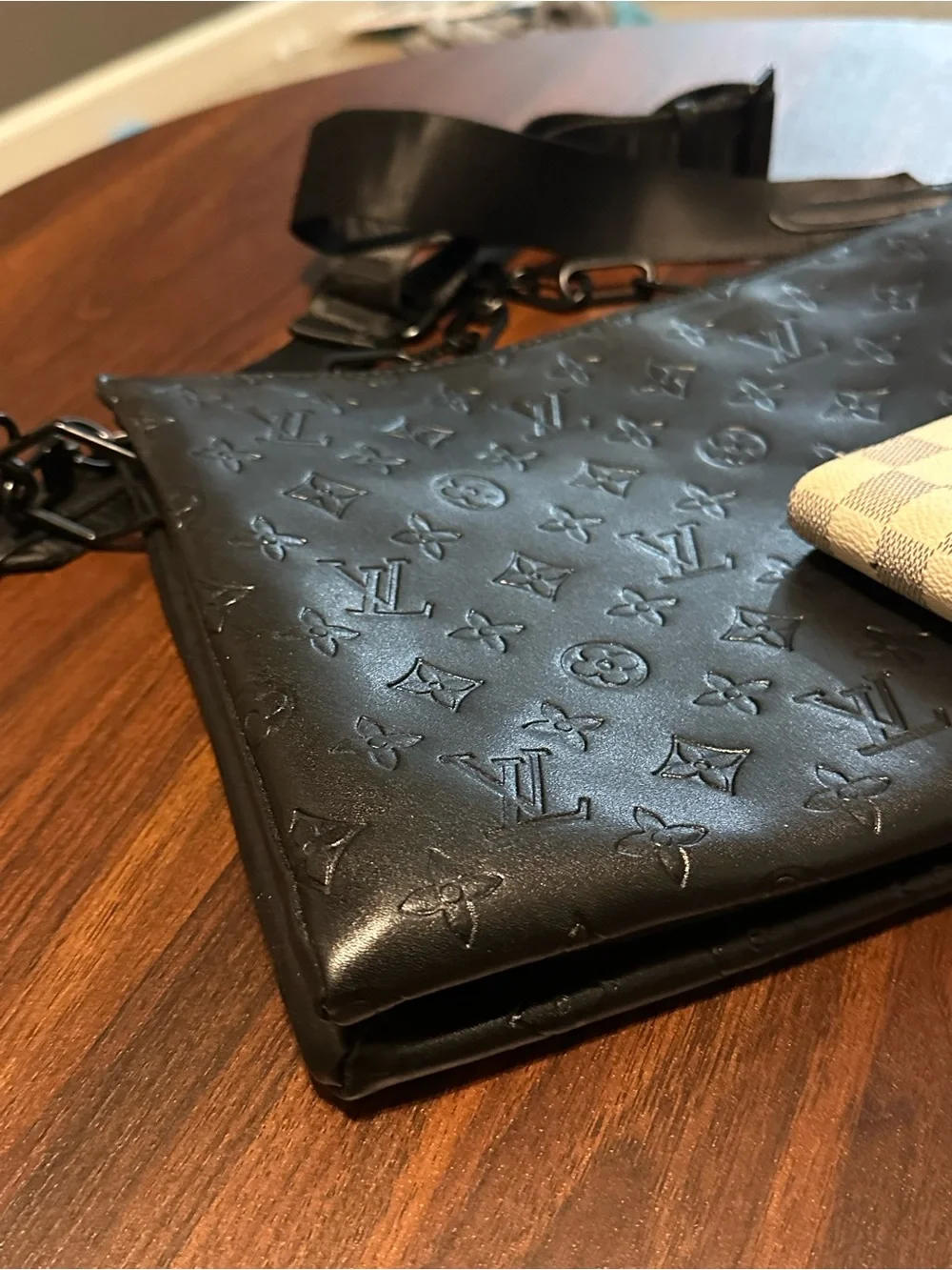 Black Embossed Monogram Messenger Pouch with Strap